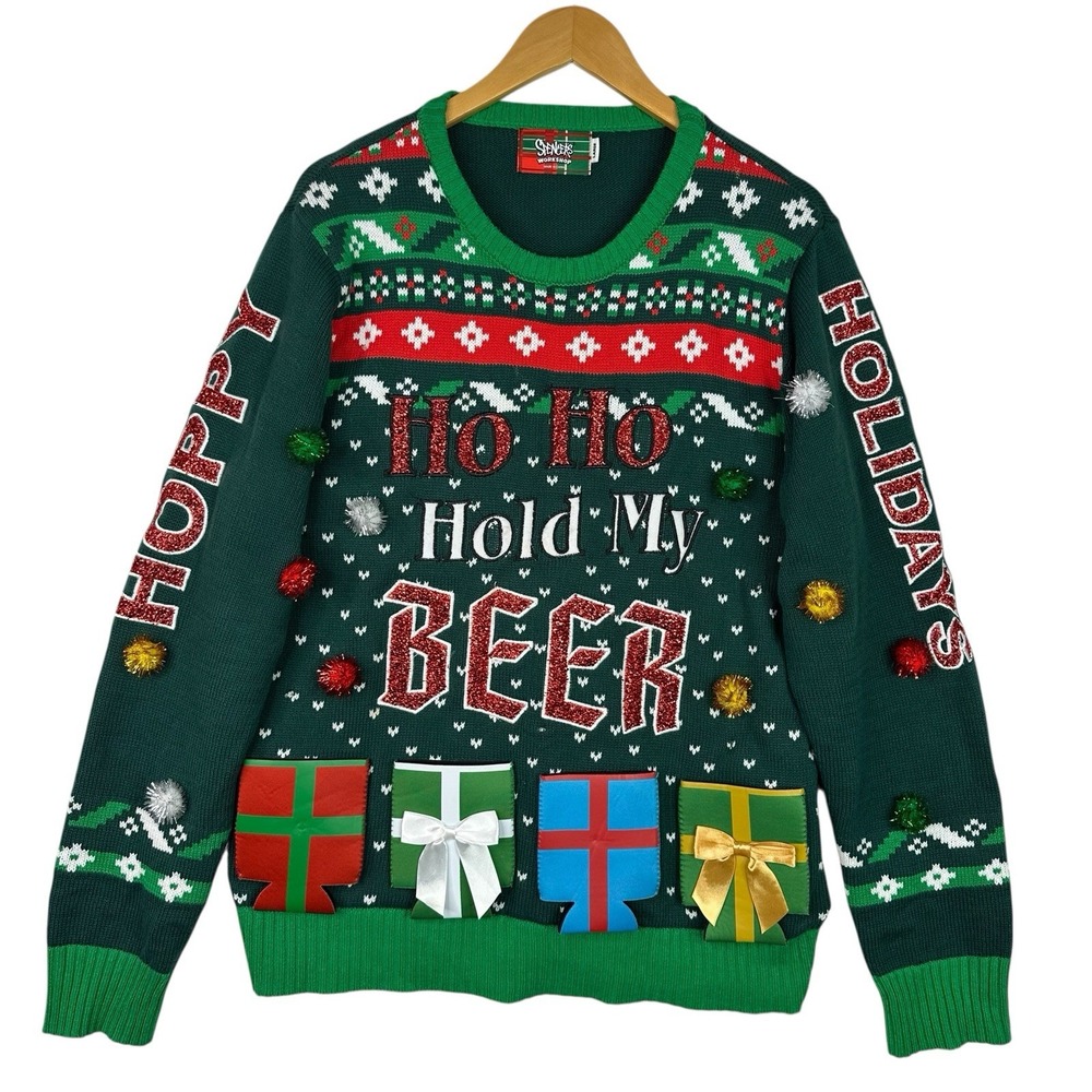 Spencer's Ugly Christmas Sweater Ho Ho Hold My Beer Large Green‎ Holiday